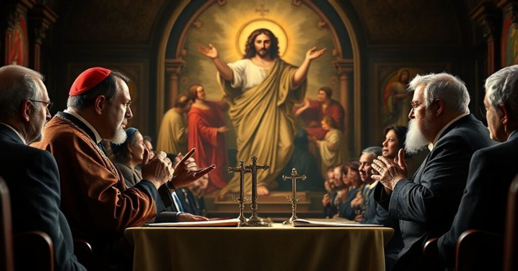 Scena debaty katolickiej w kaplicy tradycyjnej z Konstantego Pilawa i Karolem Grabiasem podczas dyskusji