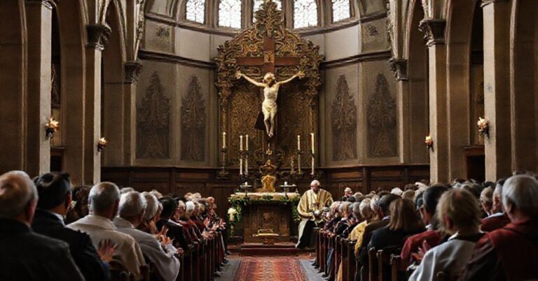 Grupa katolickich uczestników debatujących o niebezpieczeństwach deregulacji w tradycyjnym kościele z krucyfiksem na środku.