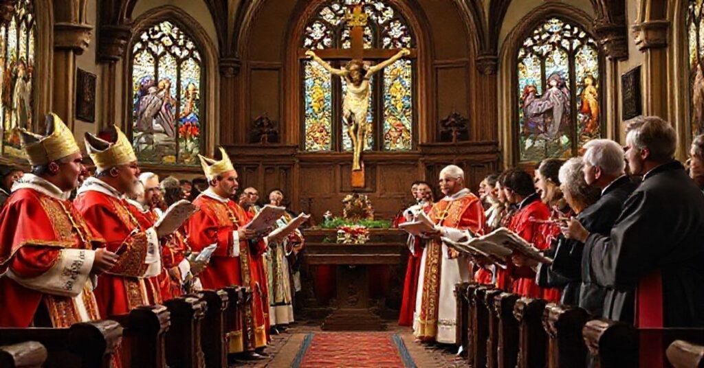 Scena debaty między biskupami a obywatelami w kościele katolickim na temat deportacji i suwerenności państwowej