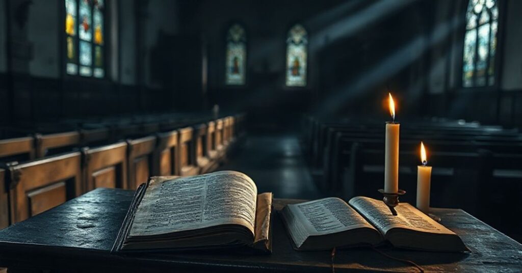 Wnętrze kościoła w tradycyjnym stylu katolickim z dokumentem "Dilexi te" na ołtarzu i opuszczonymi ławeczkami