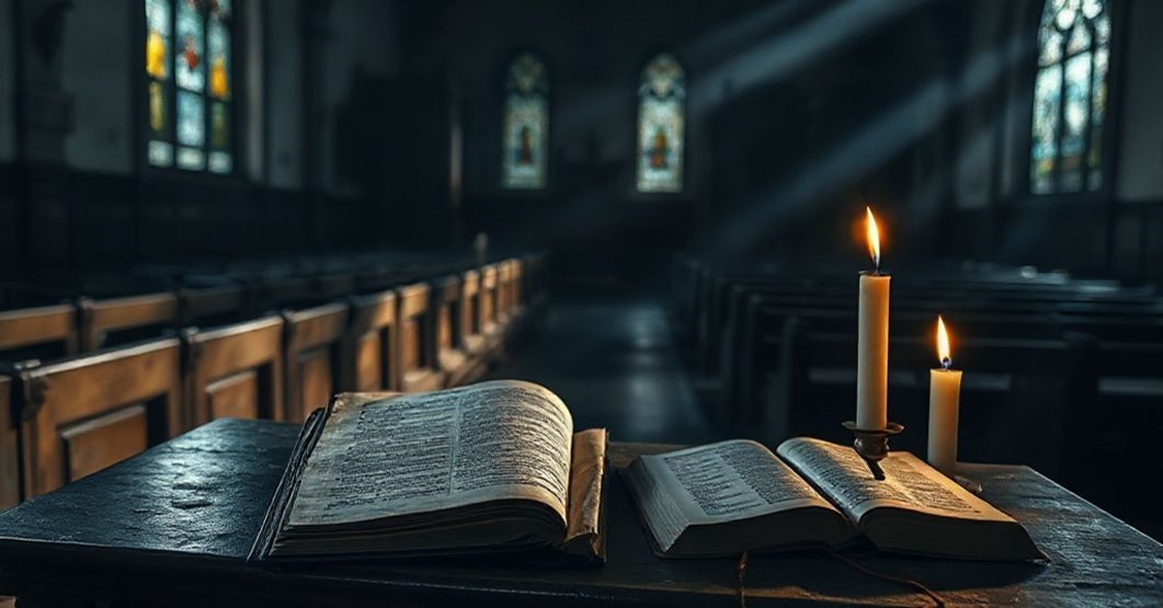 Adhortacja "Dilexi te" - Zniszczenie wiary katolickiej Wnętrze kościoła w tradycyjnym stylu katolickim z dokumentem "Dilexi te" na ołtarzu i opuszczonymi ławeczkami