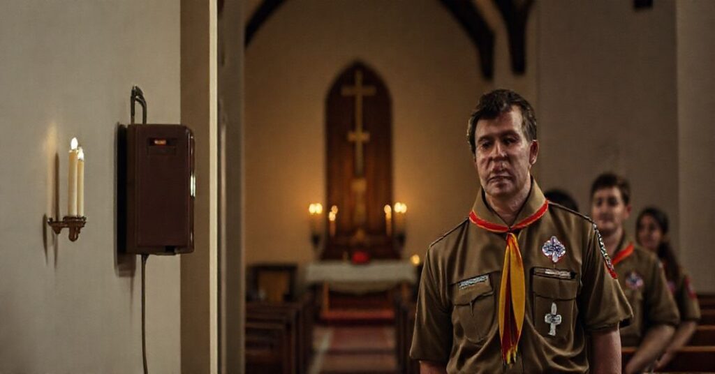 Wnętrze tradycyjnego kościoła katolickiego z defibrylatorem AED na ścianie plebanii i grupą harcerzy prezentujących urządzenie ratunkowe.