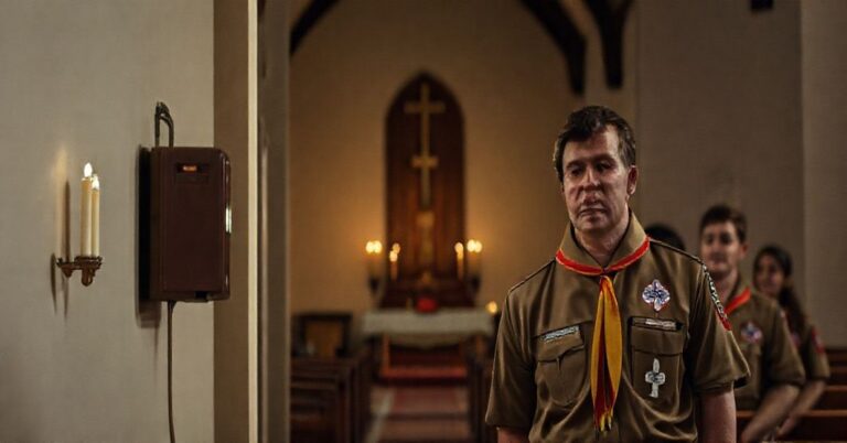 Wnętrze tradycyjnego kościoła katolickiego z defibrylatorem AED na ścianie plebanii i grupą harcerzy prezentujących urządzenie ratunkowe.