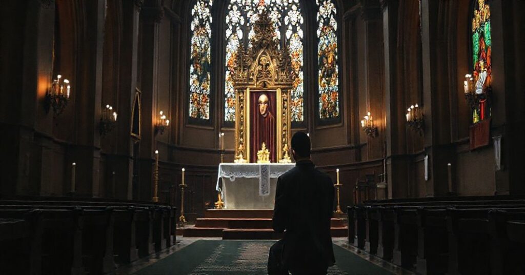 Sobór katolicki z pustym tronem papieskim i portretem Johna Henry'ego Newmana, symbolizujący zdegenerowany kościół posoborowy.