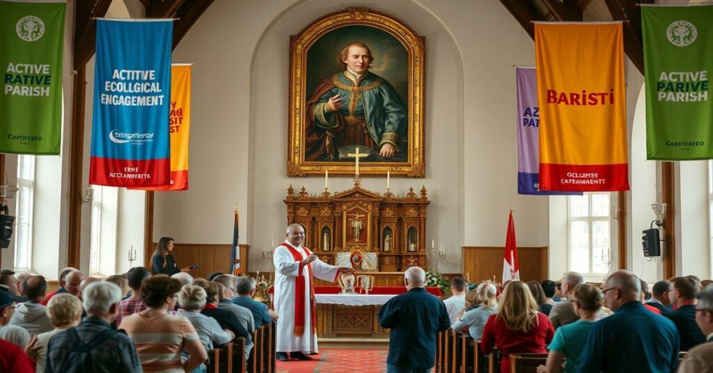 Wnętrze kościoła z modernistycznym księdzem prowadzącym sekularyzowaną aktywność parafialną.