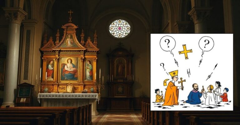 Tradycyjny katolicki ołtarz z klasyczną sztuką sakralną obok karikaturalnej parodii wierszy Bartosza Minkiewicza z "Tygodnik Powszechnego" z 2025 roku.