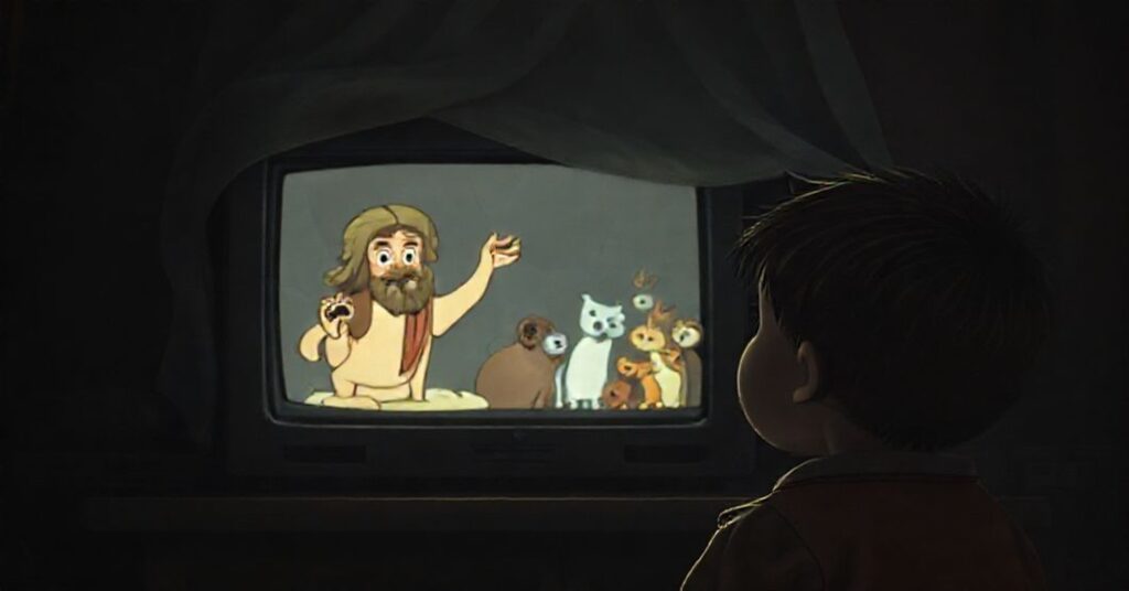 Poważna katolicka ilustracja przedstawiająca degradację boskiego majestatu Chrystusa przez animowaną serię "The Chosen Adventures".