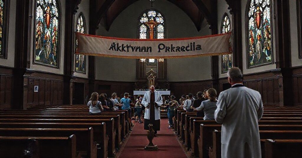 Pusty kościół z bannerm "Aktywna Parafia" na ołtarzu, przekształcony w halę sportową z ludźmi biegającymi po nawie.