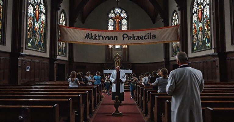 Pusty kościół z bannerm "Aktywna Parafia" na ołtarzu, przekształcony w halę sportową z ludźmi biegającymi po nawie.