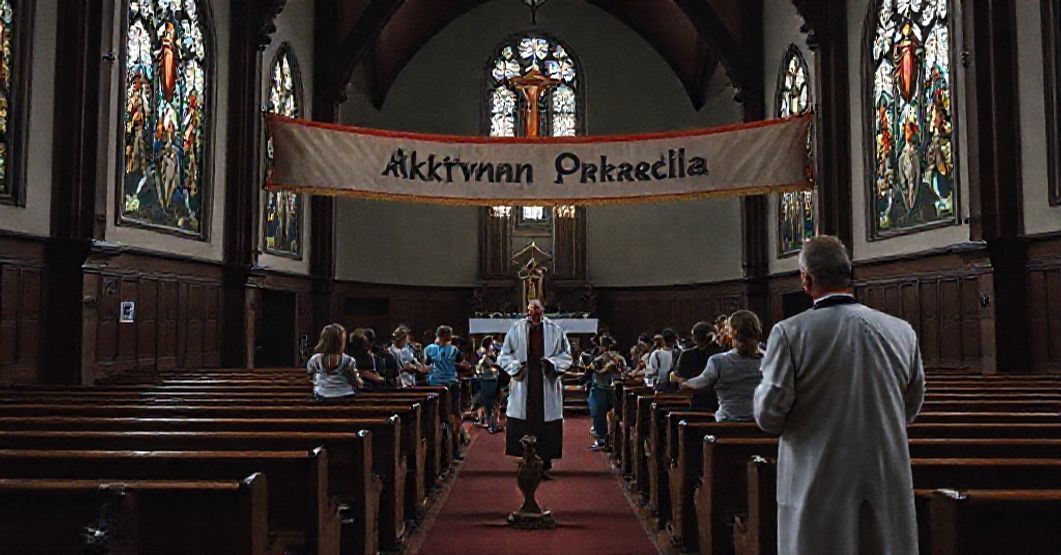 Pusty kościół z bannerm "Aktywna Parafia" na ołtarzu, przekształcony w halę sportową z ludźmi biegającymi po nawie.
