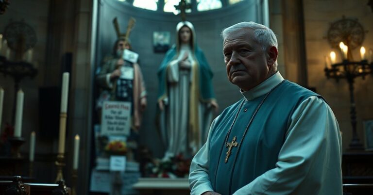 Tradycyjny katolicki ksiądz w ornacie stoi przed zdewastowaną figurą Matki Boskiej w świątyni. Wokół widoczne są nowoczesne elementy promujące apostatę 'Jan Paweł II' oraz symbole pogańskie i świeckie. Widok symbolizuje degradację autentycznej pobożności.