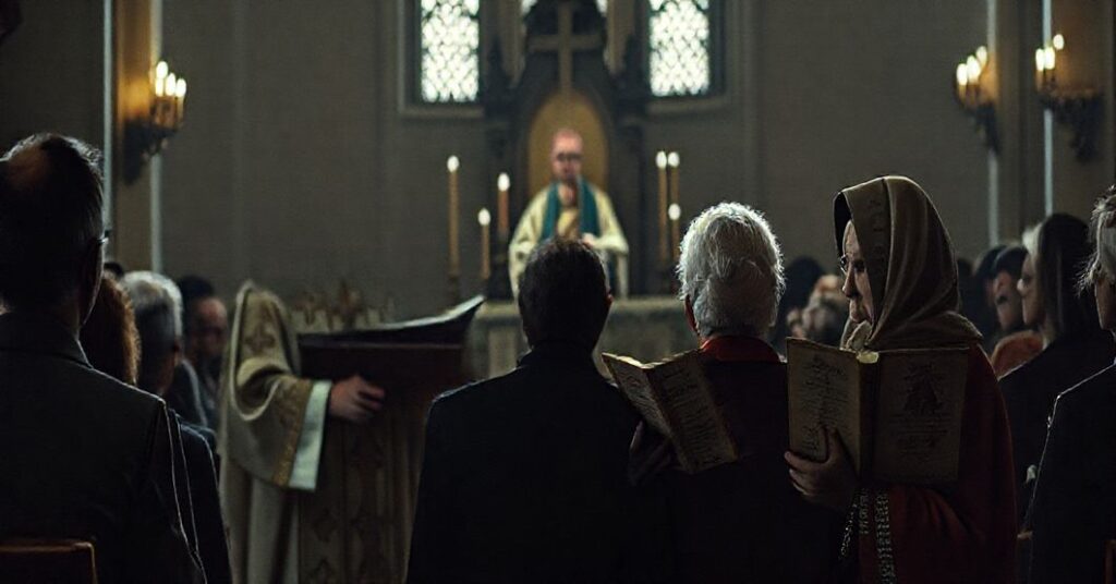 Tradycyjny katolicki scenariusz przedstawiający biskupa modernistycznego w bogatych szatach liturgicznych podczas kazań z ambony kościelnej, otoczony przez słabo oświetloną zgromadzenie. Wyrazy twarzy biskupów są nieszczere w porównaniu z pobożnymi twarzami tradycyjnych katolików w pierwszym rzędzie.