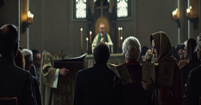 Tradycyjny katolicki scenariusz przedstawiający biskupa modernistycznego w bogatych szatach liturgicznych podczas kazań z ambony kościelnej, otoczony przez słabo oświetloną zgromadzenie. Wyrazy twarzy biskupów są nieszczere w porównaniu z pobożnymi twarzami tradycyjnych katolików w pierwszym rzędzie.