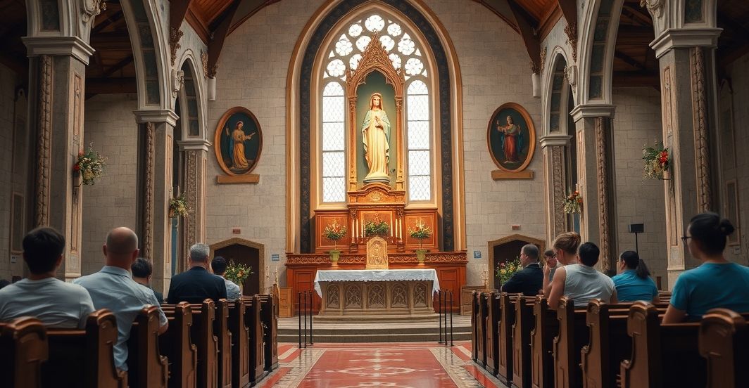 Rezerwat katolicki z ołtarzem Matki Bożej Bolesnej, z tłem rekreacji sportowej, ukazujący degradację sanktuarium zgodnie z katolicką tradycją