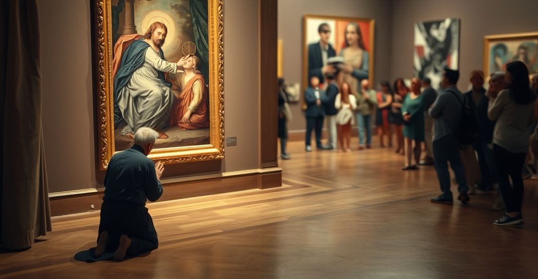 Tradycyjne katolickie malarstwo sakralne w kontrastzie z współczesną kulturą, symbolizujące degradację sztuki w czasach modernizmu