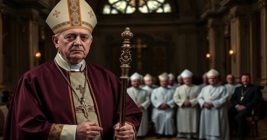 Traditionalny biskup w stroju liturgicznym przed starannie zdobionym wnętrzem kościoła, tło przedstawia nowoczesne posoborowe spotkanie hierarchów