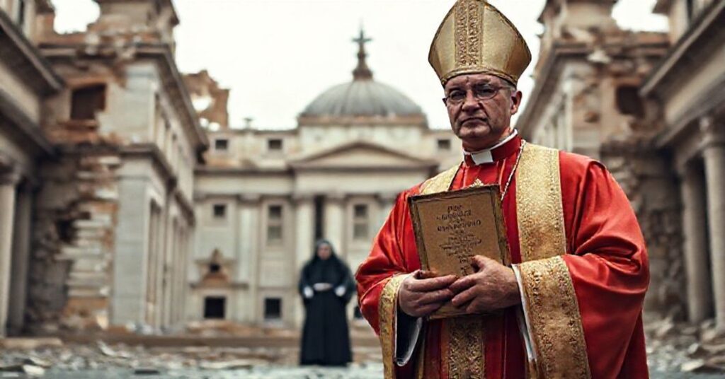 Ksiądz w tradycyjnych habitach stojący przed ruinami Watykanu z kopią Kodeksu Prawa Kanonicznego z 1917 roku.