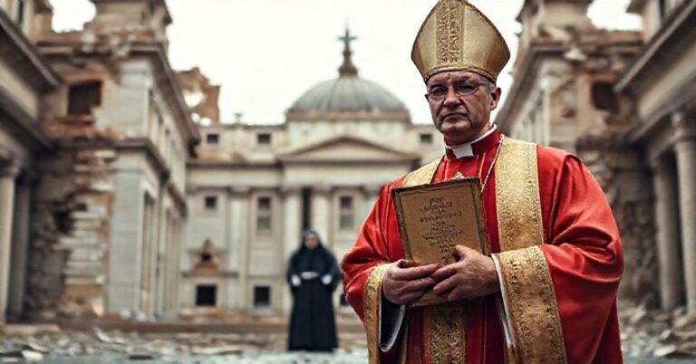 Ksiądz w tradycyjnych habitach stojący przed ruinami Watykanu z kopią Kodeksu Prawa Kanonicznego z 1917 roku.