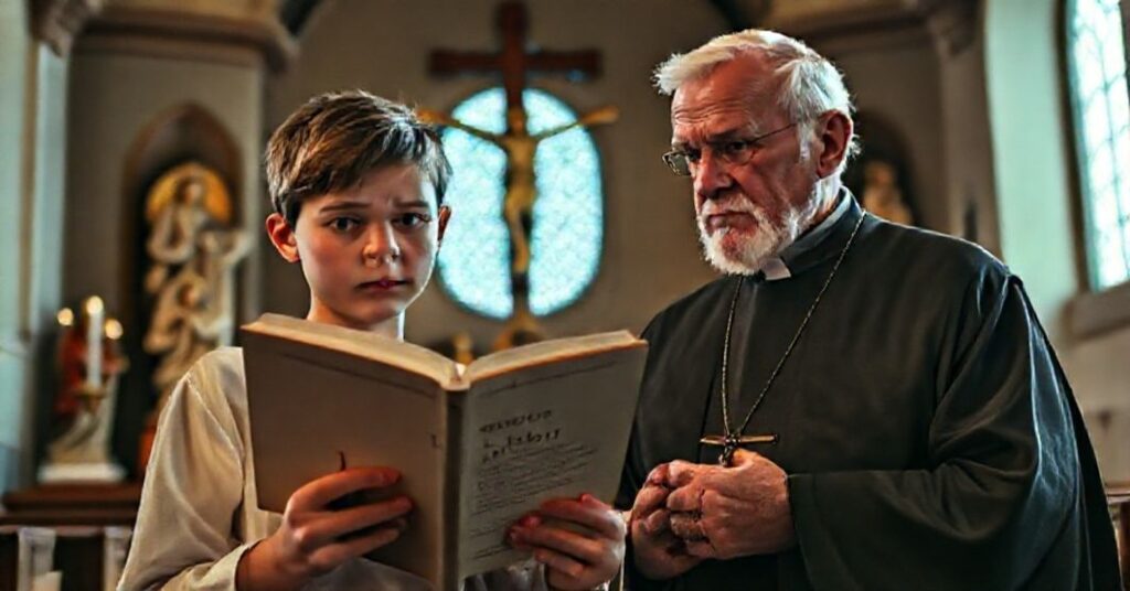 Młody człowiek trzymający książkę o Janie Pawle II w tradycyjnym kościele katolickim pod niepokojącym wzrokiem starszego księdza.