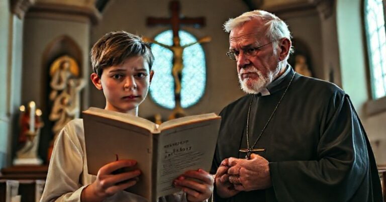 Młody człowiek trzymający książkę o Janie Pawle II w tradycyjnym kościele katolickim pod niepokojącym wzrokiem starszego księdza.