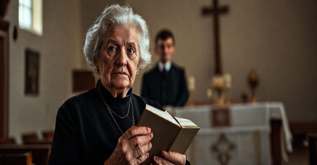 Stara kobieta w nowoczesnym kościele, symbolizująca degradację wiary przez modernistyczny ekumenizm.