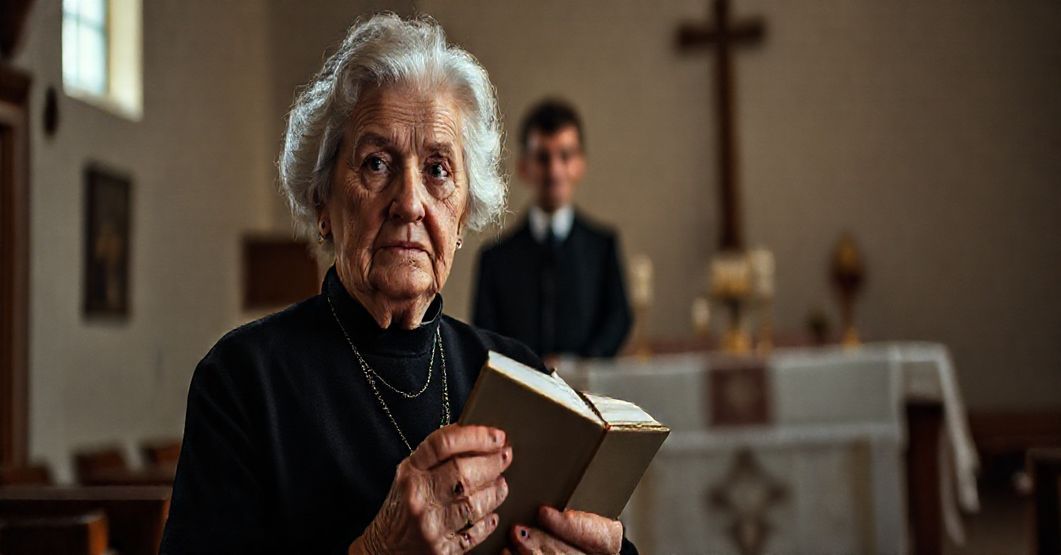 Stara kobieta w nowoczesnym kościele, symbolizująca degradację wiary przez modernistyczny ekumenizm.