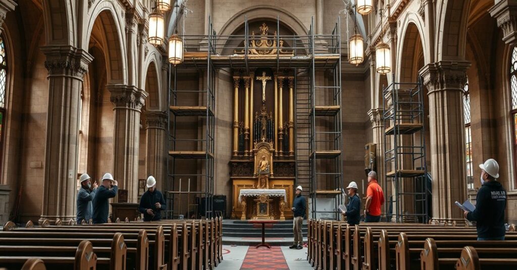 Wnętrze kościoła katolickiego przekształcone w plac budowy przez firmę Maj-Max Group, bez szacunku dla ołtarza i tabernakulum