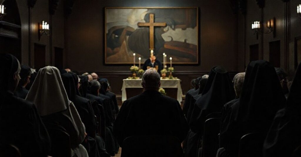 Zgromadzenie katolickich osób konsekrowanych w kaplicy podczas pseudokomisji KEP ds. Instytutów Życia Konsekrowanego pod przewodnictwem Jacka Kicińskiego CMF.