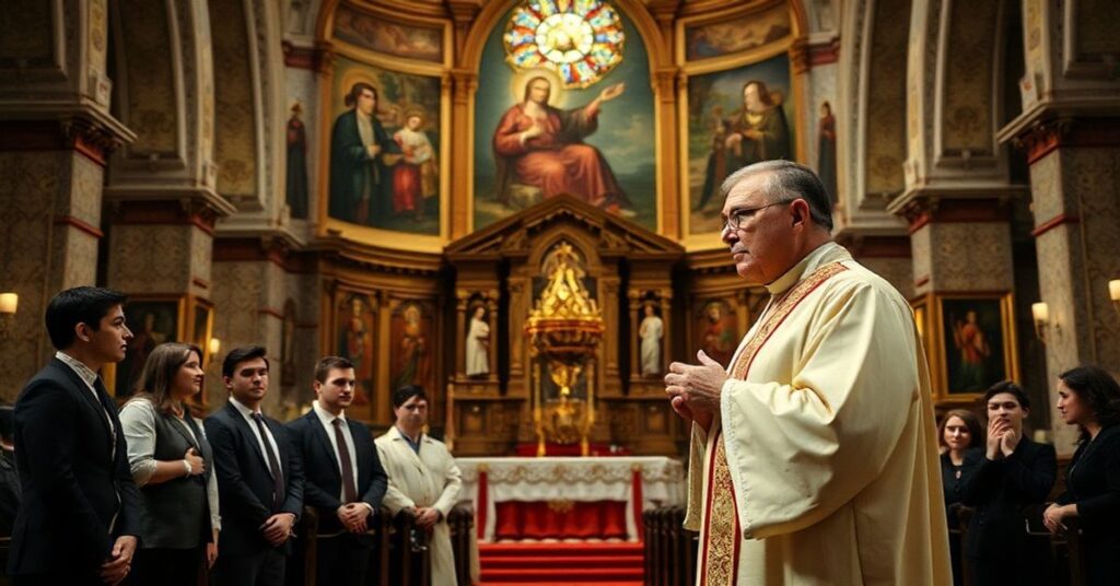 Kaplica katolicka z kapłanem w tradycyjnych szatach liturgicznych i grupą młodych ludzi wyglądających zaskoczonych lub zdezorientowanych.