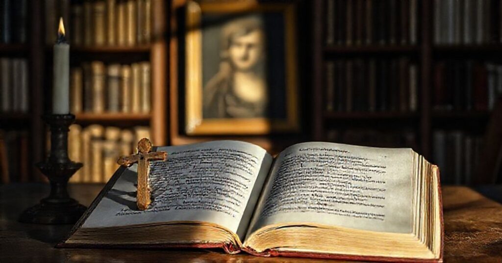 Ciemna biblioteka z otwartym tomem poezji Julii Szychowiak "Wyrazy współczucia" na drewnianym stole. Książa opowiada o smierci i naturze w mrocznym klimacie. Na tle wisi słabo oświetlony wizerunek Krystyny Miłobędzki.