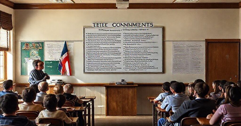 Uroczysta chwila w tradycyjnej katolickiej klasie z wyeksponowanym Dekalogiem na ścianie.