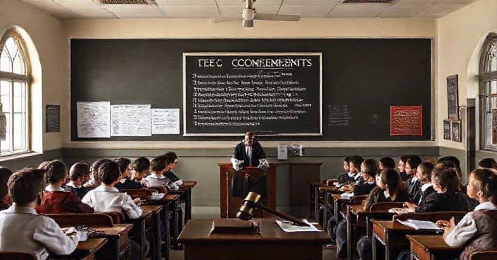 Uroczysty klasztor katolicki z wyeksponowanym Dekalogiem na ścianie, otoczony uczniami i nauczycielami w tradycyjnych strojach. Sędzia i dokumenty sądowe symbolizują decyzję o usunięciu Dekalogu.