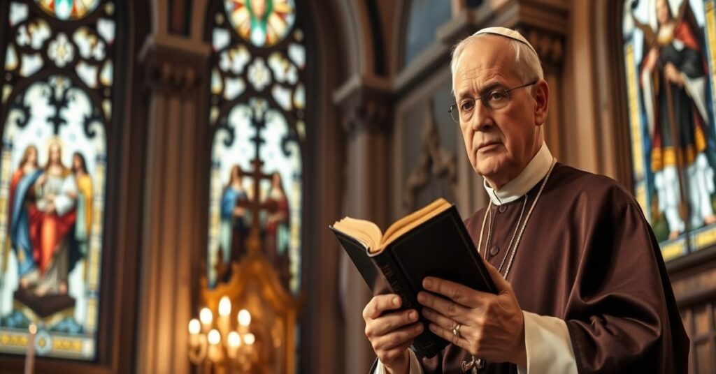 Tradycyjny katolicki ksiądz stoi w ciemnym kościele z Biblią w ręku, wyraz twarzy pełen troski.