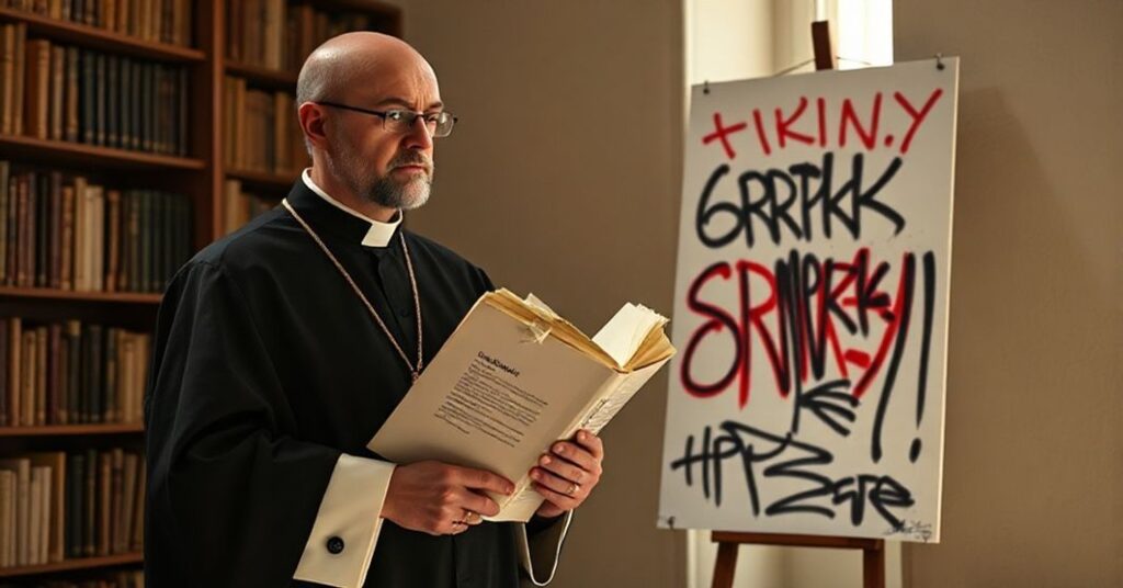 Ksiądz w tradycyjnej szacie trzymając kopię dzieł Jana Kochanowskiego przy modernistycznym grafittim Bartnickiego