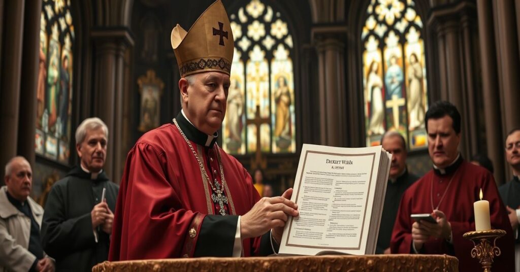 Arcybiskup Tadeusz Wojda SAC przedstawia dekret finansowy w katedrze gotyckiej z poważnymi duchownymi w tradycyjnych sutannach.