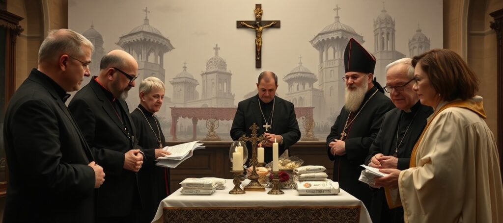 Delegacja śląska w Ukrainie spotyka się z abp Mieczysławem Mokrzyckim w tradycyjnym katolickim otoczeniu, podkreślając brak duchowego wymiaru w współczesnej pomocy humanitarnej.