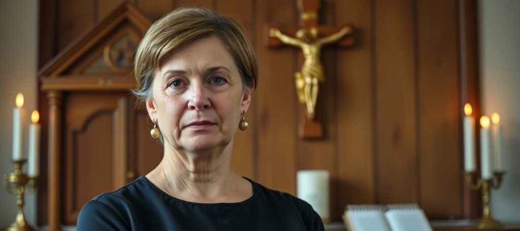 Portret Katarzyny Weiler-Boratyn, delegatki ds. ochrony dzieci i młodzieży w prowincji dominikańskiej w Polsce, w tradycyjnym katolickim otoczeniu. Na tle katechety i świec. Seriozna i współczesna.