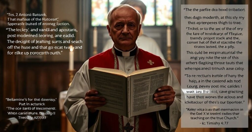 Sobór tradycyjny katolicki z księdzem w tradycyjnych szatach liturgicznych, trzymającym Biblię z widocznymi słowami drugiego listu do Tymoteusza. W tle rozmyta postać "ks. Antoniego Bartoszka" w nowoczesnym strój kapłańskim symbolizuje kontrast między prawdziwą sukcesją apostolską a współczesnymi mistyfikatorami.