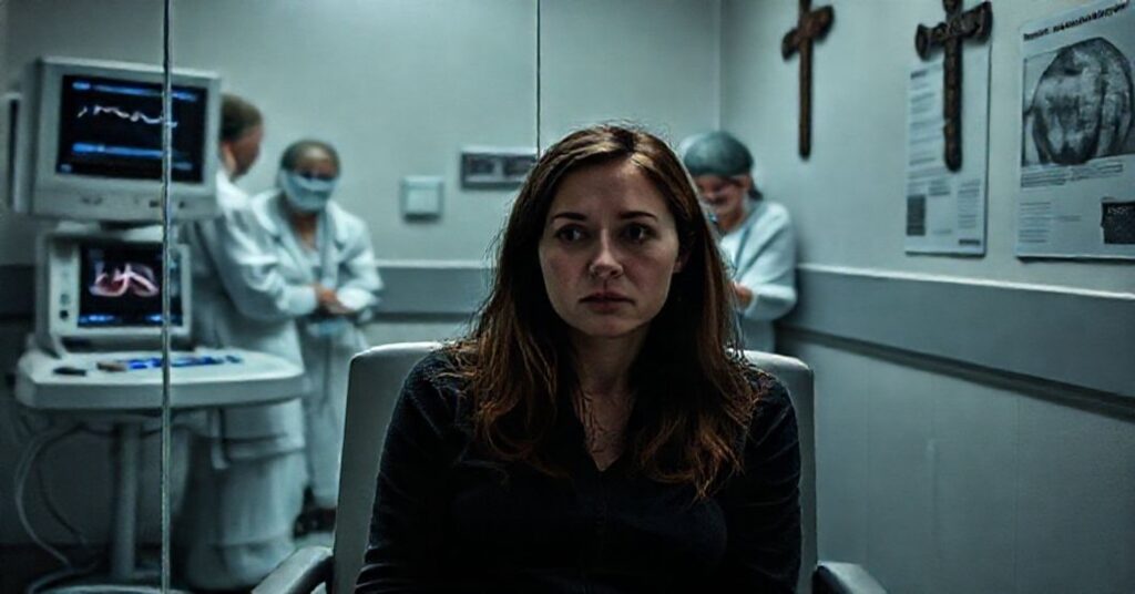 Scena z ukrytej inwestycji w klinice aborcyjnej w Kanadzie. Młoda kobieta Alissa Golob siedzi w sterylnym klinicznym krześle, jej twarz mieszaniną lęku i rezygnacji. Po drugiej stronie szklanej przegrody pracownicy medyczni bezczuciosie dyskutują o procedurach aborcji w późnym stadium. Monitoring płodu wyświetla bicie serca dziecka, podczas gdy pielęgniarka przygotowuje śmiercionośne zastrzyki.