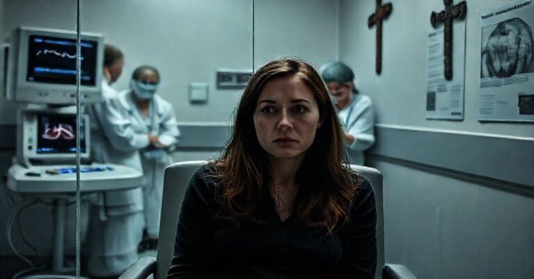 Scena z ukrytej inwestycji w klinice aborcyjnej w Kanadzie. Młoda kobieta Alissa Golob siedzi w sterylnym klinicznym krześle, jej twarz mieszaniną lęku i rezygnacji. Po drugiej stronie szklanej przegrody pracownicy medyczni bezczuciosie dyskutują o procedurach aborcji w późnym stadium. Monitoring płodu wyświetla bicie serca dziecka, podczas gdy pielęgniarka przygotowuje śmiercionośne zastrzyki.