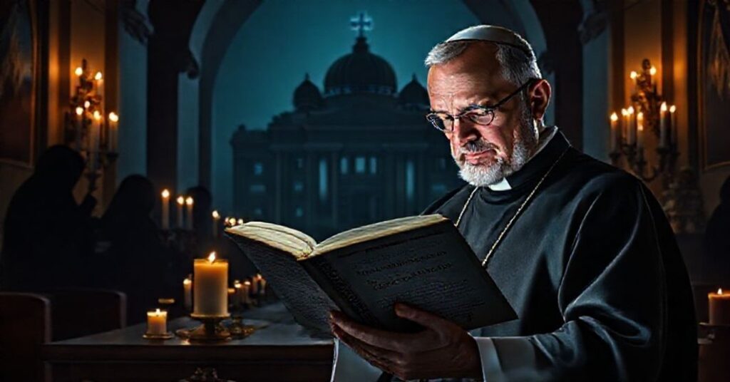 Prawowity katolicki księż w ciemnej kaplicy czytaż książkę Roba Marro o tajemnicach Watykanu.