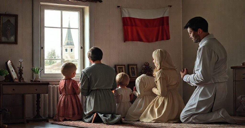 Modna katolicka rodzina modli się przed domowym ołtarzem w tradycyjnym polskim wnętrzu.