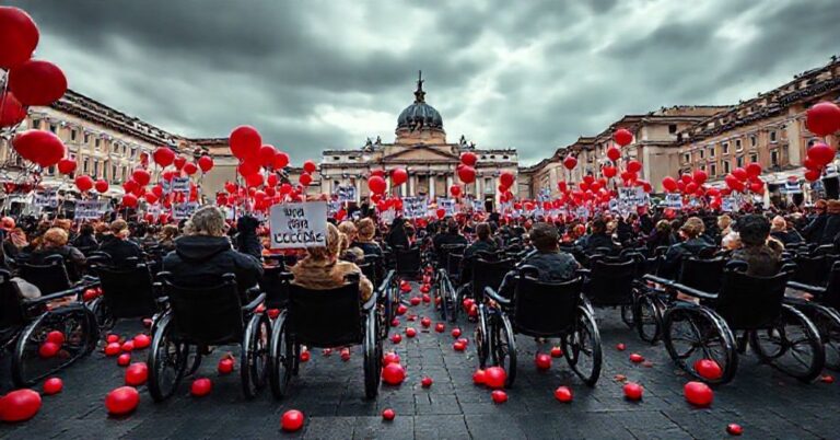 Pokojowa demonstracja przeciwko eutanazji na Piazza del Popolo w Rzymie z pustymi wózkami inwalidzkimi i balonami.