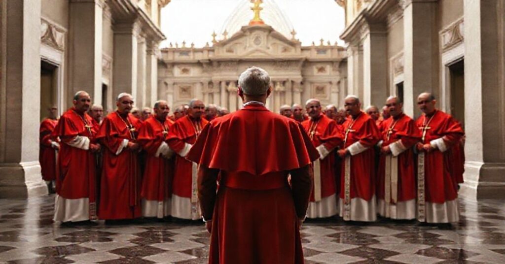 Zdjęcie przedstawiające tradycyjną hierarchię Watykańskiego Gubernatoratu w kontrastzie z nowoczesnymi zmianami wprowadzanymi przez antykościelnych reformatorów.