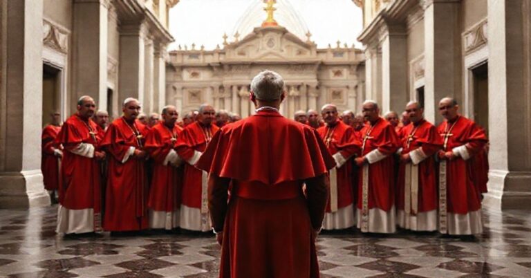 Zdjęcie przedstawiające tradycyjną hierarchię Watykańskiego Gubernatoratu w kontrastzie z nowoczesnymi zmianami wprowadzanymi przez antykościelnych reformatorów.