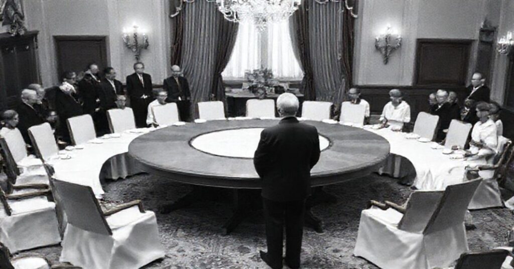 Uroczysty moment usunięcia Okrągłego Stołu z Pałacu Prezydenckiego w Warszawie