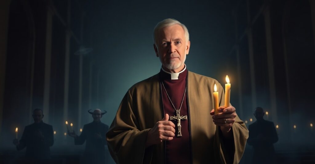 Monsignor Stephen Rossetti w kościele świętym z krzyżem i demonami ukrytymi w cieniu