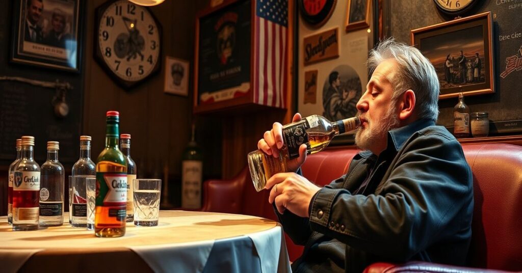 Denis Johnson siedzi w mrocznej izbie otoczony książkami i alkoholem