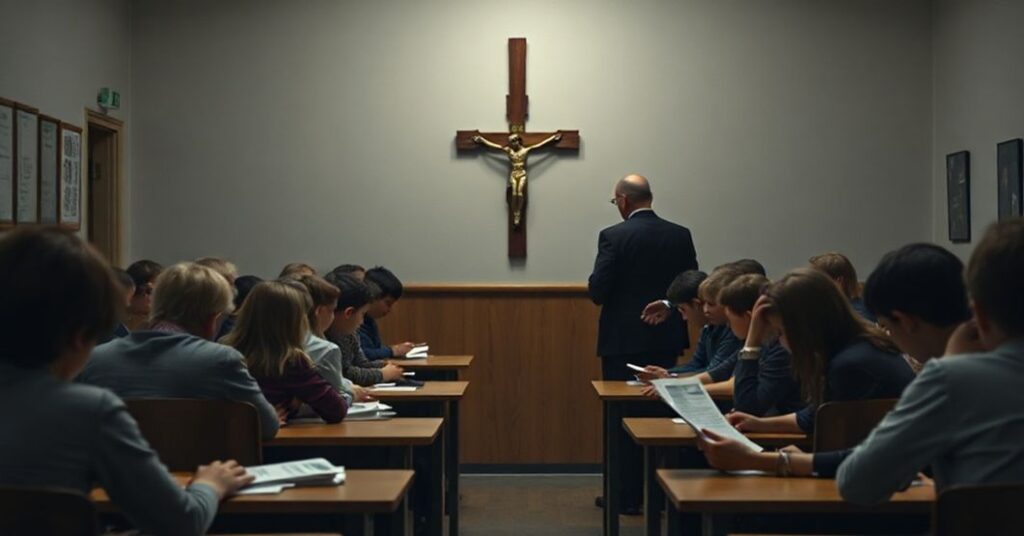 Urzędniczka z Krakowa rozdaje materiały propagandowe LGBT+ w szkole katolickiej, z Jolantą Gontarczyk w tle - symbolizujące deprawację finansowaną przez państwo