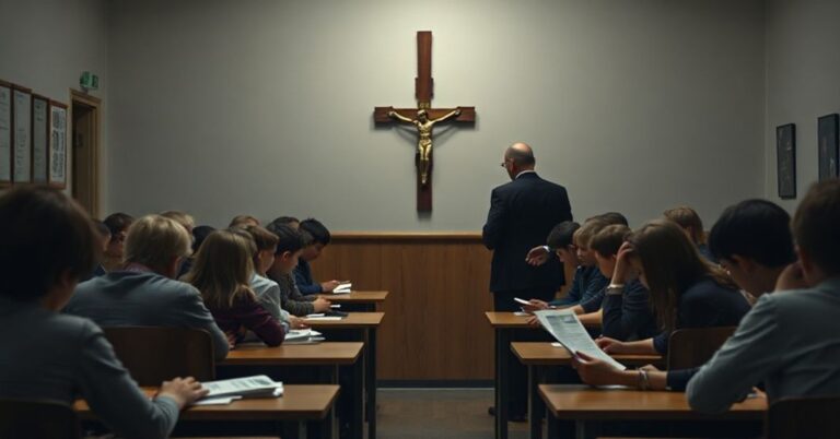 Urzędniczka z Krakowa rozdaje materiały propagandowe LGBT+ w szkole katolickiej, z Jolantą Gontarczyk w tle - symbolizujące deprawację finansowaną przez państwo